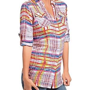 CAbi “Cirque” Colorful Plaid Button Down Blouse, Size Medium